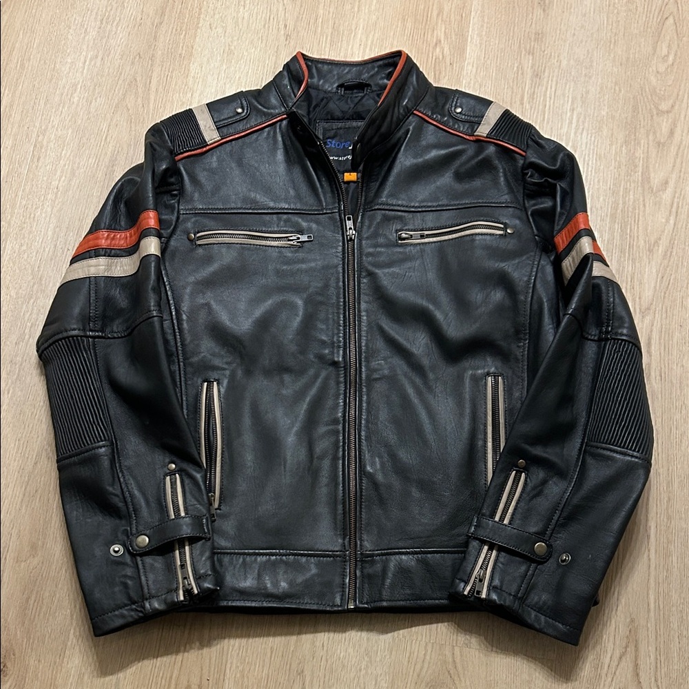Harley-Davidson Black Leather Jacket with Orange and Cream Stripes